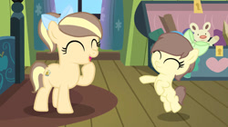 Size: 750x421 | Tagged: safe, artist:lps604, oc, oc:apple heart, oc:zap apple cider, earth pony, earth pony oc, female, filly, foal, imported from derpibooru, indoors, oc only, offspring, parent:applejack, parent:caramel, parents:carajack, pony, siblings, sisters