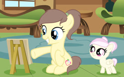 Size: 748x468 | Tagged: safe, artist:lps604, oc, oc:apple heart, oc:meadow wishes, earth pony, earth pony oc, female, filly, foal, hybrid, imported from derpibooru, indoors, interspecies offspring, oc only, offspring, parent:applejack, parent:caramel, parent:discord, parent:fluttershy, parents:carajack, parents:discoshy, pegasus, pegasus oc, pony