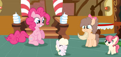 Size: 2285x1077 | Tagged: safe, artist:lps604, pinkie pie, oc, oc:candy cake, oc:chocolate sprinkles, oc:strawberry shortcake, baby, baby pony, earth pony, female, filly, foal, g4, imported from derpibooru, indoors, mare, offspring, parent:cheese sandwich, parent:pinkie pie, parents:cheesepie, pony