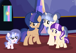Size: 1280x891 | Tagged: safe, artist:lps604, oc, oc:azure moon, oc:lunar moon sentry, oc:shimmer shield, oc:stellar moonlight, alicorn, female, filly, foal, horn, imported from derpibooru, indoors, oc only, offspring, parent:flash sentry, parent:twilight sparkle, parents:flashlight, pegasus, pony, siblings, sisters, unicorn