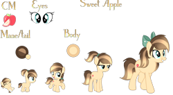 Size: 4096x2238 | Tagged: safe, artist:lps604, oc, oc:sweet apple, age progression, baby, baby pony, blank flank, bow, braid, cutie mark, diaper, earth pony, earth pony oc, eyes closed, female, filly, foal, g4, hair bow, imported from derpibooru, mare, my little pony: friendship is magic, offspring, older, parent:applejack, parent:caramel, parents:carajack, pony, ponytail, reference sheet, simple background, solo, teenager, text, transparent background