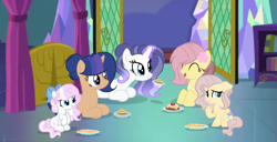 Size: 4096x2093 | Tagged: safe, artist:lps604, oc, oc:crystal, oc:gypsy meadow, oc:sapphire, oc:shimmer shield, oc:summer showers, female, filly, foal, horn, hybrid, imported from derpibooru, indoors, interspecies offspring, mare, oc only, offspring, parent:discord, parent:fancypants, parent:flash sentry, parent:fluttershy, parent:rarity, parent:twilight sparkle, parents:discoshy, parents:flashlight, parents:raripants, pegasus, pony, unicorn