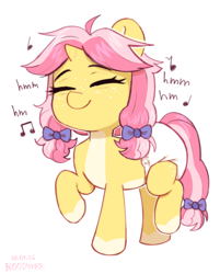 Size: 2183x2714 | Tagged: safe, artist:bloodymrr, oc, oc:crafty circles, bow, cute, diaper, eyes closed, female, filly, foal, hair bow, horn, imported from derpibooru, music notes, non-baby in diaper, not kettle corn, oc only, pony, simple background, solo, standing on two hooves, tail, tail bow, unicorn, unicorn oc, white background