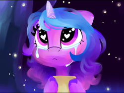 Size: 1440x1080 | Tagged: safe, artist:swirlmlp69768, animation:rocket to the moon, crying, female, filly, filly izzy moonbow, foal, g5, heart, heart eyes, horn, imported from derpibooru, izzy moonbow, letter, my little pony: a new generation, pony, solo, sunny's letter, unicorn, wingding eyes, younger