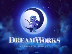 Size: 2362x1772 | Tagged: safe, artist:youle, princess luna, alicorn, crescent moon, cute, dreamworks, ear fluff, female, filly, filly luna, fishing rod, foal, full moon, g4, imported from derpibooru, logo, logo parody, lunabetes, mare, moon, night, ponified, pony, s1 luna, sky, smiling, stars, text, wing fluff, wings, woona, younger