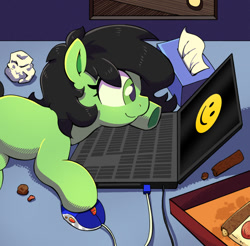 Size: 800x786 | Tagged: safe, artist:talimingi, oc, oc:filly anon, computer, computer mouse, crumbs, earth pony, female, filly, foal, food, hoof hold, imported from derpibooru, indoors, laptop computer, lying down, oc only, pizza, pony, prone, smiley face, solo, stuffed crust, tissue, tissue box, underhoof
