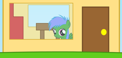Size: 1230x584 | Tagged: safe, artist:abbleploom, oc, oc:purple ethan, door, doorknob, eyelashes, female, filly, foal, g4, grass, green coat, house, imported from derpibooru, looking at you, looking out the window, oc only, pegasus, pink eyes, pony, purple mane, recolor, simple background, solo, window, wings, younger