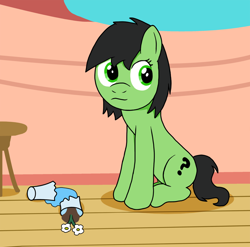 Size: 1213x1200 | Tagged: safe, artist:powman101, oc, oc:filly anon, avoiding eye contact, broken vase, female, filly, flower, foal, imported from derpibooru, oc only, pony, sitting, solo, vase