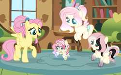 Size: 1680x1050 | Tagged: safe, artist:lps604, fluttershy, oc, oc:butterfly rose, oc:lotus skies, oc:sunshine shy, baby, baby pony, diaper, female, filly, foal, g4, hybrid, hybrid oc, imported from derpibooru, indoors, interspecies offspring, mare, offspring, older, older fluttershy, parent:discord, parent:fluttershy, parents:discoshy, pegasus, pegasus oc, pony
