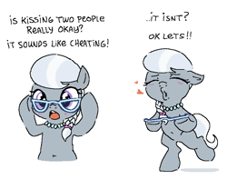 Size: 748x590 | Tagged: safe, artist:myra, silver spoon, belly, belly button, bipedal, cute, dialogue, earth pony, eyes closed, female, filly, foal, g4, glasses, glasses off, hoof hold, imminent kissing, imported from derpibooru, jewelry, necklace, pony, simple background, talking, white background