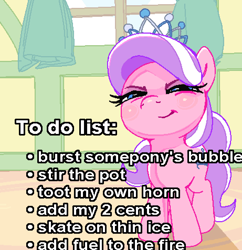 Size: 1383x1428 | Tagged: safe, artist:mouseu, diamond tiara, adorabolical, blue eyes, curtains, cute, diamondbetes, earth pony, female, filly, foal, fuel to the fire, g4, imported from derpibooru, indoors, looking at you, meme, mischievous, narrowed eyes, pink coat, pony, pure unfiltered evil, smiling, smiling at you, smug, solo, standing, tail, text, to-do list, two toned mane, two toned tail, untitled goose game, window