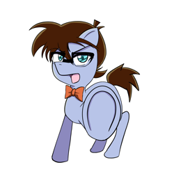 Size: 2048x2048 | Tagged: safe, artist:grigorywolf, bowtie, colt, conan edogawa, detective, detective conan, earth pony, foal, glasses, imported from derpibooru, male, open mouth, pointing, pointing at you, ponified, pony, simple background, solo, standing on three hooves, underhoof