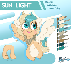 Size: 4200x3800 | Tagged: safe, artist:fluffyxai, oc, oc:sun light, band-aid, blush sticker, blushing, female, filly, foal, imported from derpibooru, neckerchief, oc only, pegasus, pegasus oc, pony, reference sheet, smiling, solo, spread wings, text, wings