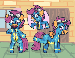 Size: 1839x1419 | Tagged: questionable, artist:idadeerz, scootaloo, clothes, clothes swap, clothing theft, clubhouse, cropped, crusaders clubhouse, derpibooru exclusive, detailed background, digital art, edit, female, fetish, filly, foal, g4, goggles, goggles on head, grin, happy, implied watersports, imported from derpibooru, looking at self, looking down, mischievous, ms paint, my little pony: friendship is magic, pegasus, pony, raised leg, shadow, signature, smiling, solo, stain, standing up, sweat, textless, textless edit, uniform, urine, wings, wonderbolt scootaloo, wonderbolts uniform, zipper