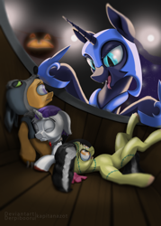 Size: 2500x3500 | Tagged: safe, artist:kapitanazot, apple bloom, scootaloo, sweetie belle, alicorn, clothes, costume, cutie mark crusaders, earth pony, female, filly, foal, g4, gritted teeth, halloween, helmet, holiday, horn, hug, imported from derpibooru, mare, nightmare luna, nightmare moon, nightmare night, open mouth, pegasus, pony, pumpkin, teeth, tongue out, unicorn