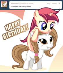 Size: 540x623 | Tagged: safe, artist:dawnstar mod, oc, oc:anny, oc:dawnstar, 2013, annyshy, ask, braid, female, filly, foal, happy birthday, horn, imported from derpibooru, looking at each other, looking at someone, no cutie marks yet, oc only, on head, smiling, smiling at each other, tumblr, tumblr:ask annyshy, tumblr:ask dawnstar, unicorn