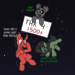 Size: 1100x1100 | Tagged: safe, artist:unitxxvii, oc, oc:ayynonfilly, alien, alien pony, ayy lmao, dialogue, earth pony, female, filly, floating, foal, imported from derpibooru, male, oc only, open mouth, open smile, outline, pony, sign, smiling, stallion, trio, white outline