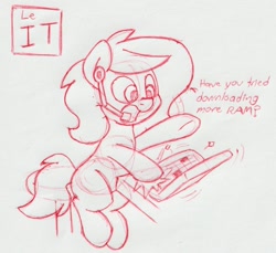 Size: 983x901 | Tagged: safe, artist:unitxxvii, oc, oc:filly anon, computer, earth pony, female, filly, foal, headset, imported from derpibooru, laptop computer, monochrome, oc only, open mouth, pen drawing, pony, sitting, sketch, solo, traditional art