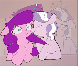 Size: 1822x1537 | Tagged: safe, artist:looty, diamond tiara, duo, duo female, earth pony, female, filly, foal, g4, imported from derpibooru, jewelry, kissing, lily longsocks, photo, pony, ship:diamondlongsocks, shipping, tiara