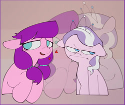 Size: 1822x1537 | Tagged: safe, artist:looty, diamond tiara, duo, duo female, earth pony, female, filly, foal, g4, imported from derpibooru, jewelry, lily longsocks, photo, pony, tiara