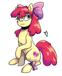 Size: 1737x2124 | Tagged: safe, artist:mareoinaddict, apple bloom, adult, bow, earth pony, eyebrows, eyebrows visible through hair, female, filly, foal, g4, imported from derpibooru, looking back, looking up, older, older apple bloom, pony, ribbon, signature, simple background, sitting, solo, white background