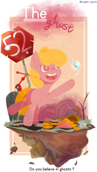 Size: 1200x2133 | Tagged: safe, artist:beyondstarynight, oc, oc:puppysmiles, bubble helmet, butterfly, chest fluff, cute, earth pony, fallout equestria, fallout equestria: pink eyes, fanfic art, fanfic spoiler, female, filly, foal, g4, ghost, ghost pony, gravestone, hazmat suit, imported from derpibooru, looking at something, oc only, open mouth, open smile, passepartout, pony, route 52, scooter, smiling, spoilers for another series, standing on two hooves, starry eyes, stop sign, teeth, text, undead, wingding eyes