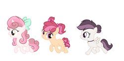 Size: 750x373 | Tagged: safe, artist:lps604, oc, earth pony, female, filly, foal, horn, imported from derpibooru, oc only, offspring, parent:apple bloom, parent:button mash, parent:rumble, parent:scootaloo, parent:sweetie belle, parent:tender taps, parents:rumbloo, parents:sweetiemash, parents:tenderbloom, pegasus, pony, simple background, transparent background, trio, unicorn