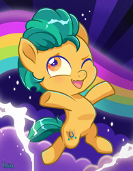 Size: 3051x3906 | Tagged: safe, artist:felux, blushing, chibi, cloud, colt, earth pony, eyebrows, foal, g5, hitch trailblazer, imported from derpibooru, lightning, male, nervous, nervous smile, night, one eye closed, ponyverse, rainbow, raised hoof, silly, smiling, solo, stars, style emulation