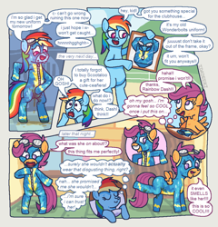 Size: 2799x2919 | Tagged: questionable, artist:idadeerz, rainbow dash, scootaloo, blushing, clothes, clothes swap, clothing theft, clubhouse, comic, crusaders clubhouse, cuteceañera, detailed background, digital art, duo, duo female, eyes closed, female, fetish, filly, foal, g4, goggles, goggles on head, happy, imported from derpibooru, lesbian, locker room, looking at self, looking down, looking up, mischievous, ms paint, my little pony: friendship is magic, nervous, nervous smile, newbie dash, panels, pegasus, picture frame, pissing, pony, raised leg, semi-anthro, shadow, ship:scootadash, shipping, signature, sleeping, smiling, speech bubble, spread wings, stain, standing up, sweat, sweet apple acres, thought bubble, uniform, urine, watersports, wetting, wingboner, wings, wonderbolt scootaloo, wonderbolts uniform, zipper