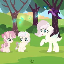 Size: 750x750 | Tagged: safe, artist:lps604, oc, oc:lily glow, oc:little harmony, oc:rose magic, animal, bird, female, filly, foal, horn, hybrid, hybrid oc, imported from derpibooru, interspecies offspring, mare, oc only, offspring, outdoors, parent:button mash, parent:discord, parent:fluttershy, parent:sweetie belle, parents:discoshy, parents:sweetiemash, pegasus, pegasus oc, pony, tree, trio, unicorn, unicorn oc