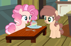 Size: 750x487 | Tagged: safe, artist:lps604, oc, oc:cookie crumble, oc:lollipop, earth pony, earth pony oc, female, filly, foal, imported from derpibooru, indoors, oc only, offspring, parent:applejack, parent:caramel, parent:cheese sandwich, parent:pinkie pie, parents:carajack, parents:cheesepie, pony