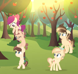 Size: 749x708 | Tagged: safe, artist:lps604, oc, oc:apple spirit, oc:apple twirl, oc:cookie crumble, oc:sweet apple, oc:taffy swirl, earth pony, earth pony oc, female, filly, foal, group, imported from derpibooru, mare, oc only, offspring, outdoors, parent:apple bloom, parent:applejack, parent:caramel, parent:tender taps, parents:carajack, parents:tenderbloom, pony, quintet, teenager