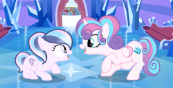 Size: 750x383 | Tagged: safe, artist:lps604, princess flurry heart, oc, oc:aurora glow, alicorn, female, filly, foal, folded wings, g4, imported from derpibooru, indoors, mare, offspring, older, older flurry heart, parent:princess cadance, parent:shining armor, parents:shiningcadance, pegasus, pegasus oc, pony, siblings, sisters, wings