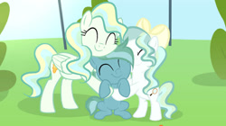Size: 750x421 | Tagged: safe, artist:lps604, oc, oc:lightning strike, oc:misty skies, colt, female, filly, foal, g4, imported from derpibooru, male, mare, mother and child, mother and daughter, mother and son, offspring, outdoors, parent:sky stinger, parent:vapor trail, parents:vaporsky, pegasus, pony, vapor trail