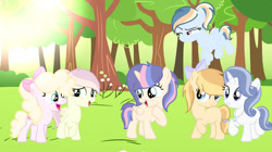 Size: 750x421 | Tagged: safe, artist:lps604, oc, oc:angel cake, oc:candy cake, oc:lily glow, oc:solstice dash, oc:solstice star, oc:topaz night, alicorn, earth pony, female, filly, foal, horn, hybrid, imported from derpibooru, interspecies offspring, oc only, offspring, outdoors, parent:applejack, parent:cheese sandwich, parent:discord, parent:fancypants, parent:flash sentry, parent:fluttershy, parent:pinkie pie, parent:rainbow dash, parent:rarity, parent:soarin', parent:trenderhoof, parent:twilight sparkle, parents:cheesepie, parents:discoshy, parents:flashlight, parents:raripants, parents:soarindash, parents:trenderjack, pegasus, pony, unicorn