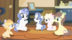 Size: 750x421 | Tagged: safe, artist:lps604, oc, oc:angel cake, oc:apple heart, oc:candy cake, oc:moonstone light, oc:topaz night, earth pony, female, filly, foal, horn, imported from derpibooru, indoors, mare, oc only, offspring, parent:applejack, parent:caramel, parent:cheese sandwich, parent:fancypants, parent:pinkie pie, parent:rarity, parent:trenderhoof, parents:carajack, parents:cheesepie, parents:raripants, parents:trenderjack, pony, unicorn