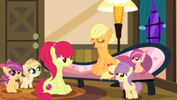Size: 1280x720 | Tagged: safe, artist:lps604, apple bloom, applejack, oc, oc:angel cake, oc:apple jam, oc:apple shine, oc:berry crisp, colt, earth pony, female, filly, foal, g4, imported from derpibooru, indoors, male, mare, offspring, older, older apple bloom, parent:apple bloom, parent:applejack, parent:tender taps, parent:trenderhoof, parents:tenderbloom, parents:trenderjack, pony
