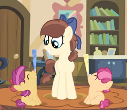 Size: 750x653 | Tagged: safe, artist:lps604, oc, oc:apple heart, oc:apple shine, oc:berry crisp, baby, baby pony, colt, earth pony, female, filly, foal, imported from derpibooru, indoors, male, mare, oc only, offspring, parent:apple bloom, parent:applejack, parent:caramel, parent:tender taps, parents:carajack, parents:tenderbloom, pony, siblings, twins