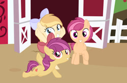 Size: 749x491 | Tagged: safe, artist:lps604, oc, oc:angel cake, oc:apple shine, oc:berry crisp, colt, earth pony, female, filly, foal, grin, imported from derpibooru, male, needs more jpeg, oc only, offspring, parent:apple bloom, parent:applejack, parent:tender taps, parent:trenderhoof, parents:tenderbloom, parents:trenderjack, pony, smiling, trio