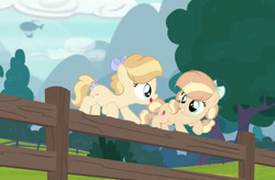 Size: 750x493 | Tagged: safe, artist:lps604, oc, oc:angel cake, oc:apple flower, earth pony, female, filly, foal, horn, imported from derpibooru, oc only, offspring, outdoors, parent:applejack, parent:trenderhoof, parents:trenderjack, pony, siblings, sisters, unicorn