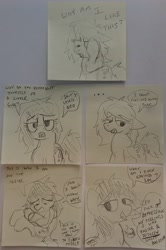 Size: 1852x2785 | Tagged: safe, artist:dhm, oc, oc:filly anon, abstract, comic, confused, conversation, denial, feels, female, fetal position, filly, foal, hoof on face, imported from derpibooru, joke, looking at you, lying down, monochrome, paper, pencil drawing, sad, sketch, solo, speech bubble, sticky note, talking, talking to herself, text, thinking, thoughts, traditional art, vulgar