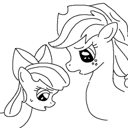 Size: 471x471 | Tagged: safe, artist:graphitesnap, apple bloom, applejack, apple bloom's bow, applejack's hat, black and white, bow, cowboy hat, duo, duo female, earth pony, female, filly, foal, freckles, g4, grayscale, hair bow, hat, imported from derpibooru, looking at someone, looking down, mare, monochrome, siblings, simple background, sisters