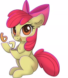 Size: 1806x2048 | Tagged: safe, artist:themimicartist, apple bloom, 67, adorabloom, apple bloom's bow, bow, cute, earth pony, female, filly, foal, g4, gen alpha, hair bow, happy, hoof hold, imported from derpibooru, looking at you, open mouth, open smile, pony, simple background, sitting, smiling, smiling at you, solo, white background