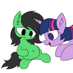 Size: 2000x2000 | Tagged: safe, artist:hotwater, twilight sparkle, oc, oc:filly anon, belly, belly button, derpibooru exclusive, duo, duo female, earth pony, fat, female, filly, foal, frown, g4, holding belly, horn, imported from derpibooru, mare, open mouth, open smile, pony, simple background, smiling, unicorn, white background