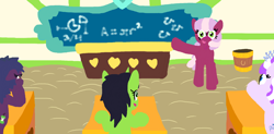 Size: 1817x894 | Tagged: safe, diamond tiara, oc, oc:filly anon, anonymous artist, apple bytes, chalkboard, cheerilee, desk, earth pony, female, filly, floppy ears, foal, g4, group, head on hoof, horn, imported from derpibooru, indoors, lineless, mare, math, open mouth, open smile, pony, ponyville schoolhouse, quadrupedal, quartet, raised hoof, school, sitting, smiling, unicorn