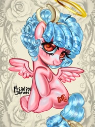 Size: 1080x1440 | Tagged: safe, artist:frijolito darketo, abstract background, bow, cozy glow, female, filly, foal, g4, hair bow, halo, imported from derpibooru, pegasus, pony, sitting, solo, tail, tail bow