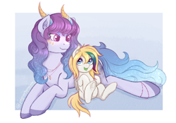 Size: 2360x1640 | Tagged: safe, artist:puggie, oc, oc:nebula dream, oc:veleya, changepony, cuddling, dracony, dracony oc, dragon, ethereal mane, female, filly, foal, gradient mane, horns, hybrid, imported from derpibooru, jewelry, necklace, oc only, parents:harus, pony, starry mane