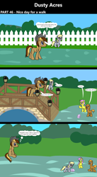 Size: 1920x3516 | Tagged: safe, artist:platinumdrop, oc, oc:dusty hooves, comic:dusty acres, series:technoverse, ball, bridge, commission, derpy hooves, dialogue, earth pony, female, filly, flying, foal, g4, horn, imported from derpibooru, male, outdoors, pegasus, playing, pony, random pony, sitting, speech bubble, stallion, talking, unicorn, waving, younger