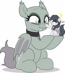 Size: 3633x4096 | Tagged: safe, artist:jhayarr23, oc, oc:grimmy gumdrops, oc:thud, bat pony, bat pony oc, boop, cute, eyes closed, female, filly, foal, happy, imported from derpibooru, mare, nose wrinkle, oc only, scrunchy face, simple background, sitting, size difference, younger