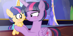 Size: 749x374 | Tagged: safe, artist:gleamerheartmc, twilight sparkle, oc, oc:diana meliora sentry, alicorn, baby, baby pony, female, filly, foal, g4, horn, imported from derpibooru, indoors, mare, mother and child, mother and daughter, offspring, parent:flash sentry, parent:twilight sparkle, parents:flashlight, pony, unicorn